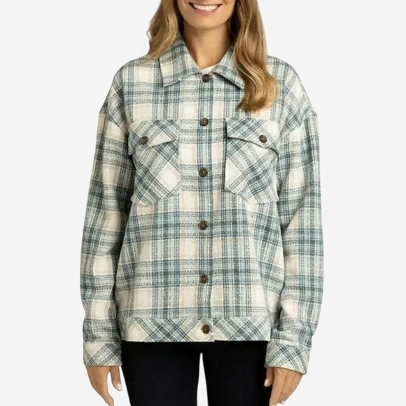 Boston Traders Jackets & Blazers - Plaid Shacket Shirt Jacket Size L Button Front Teal Cloud Boston Traders